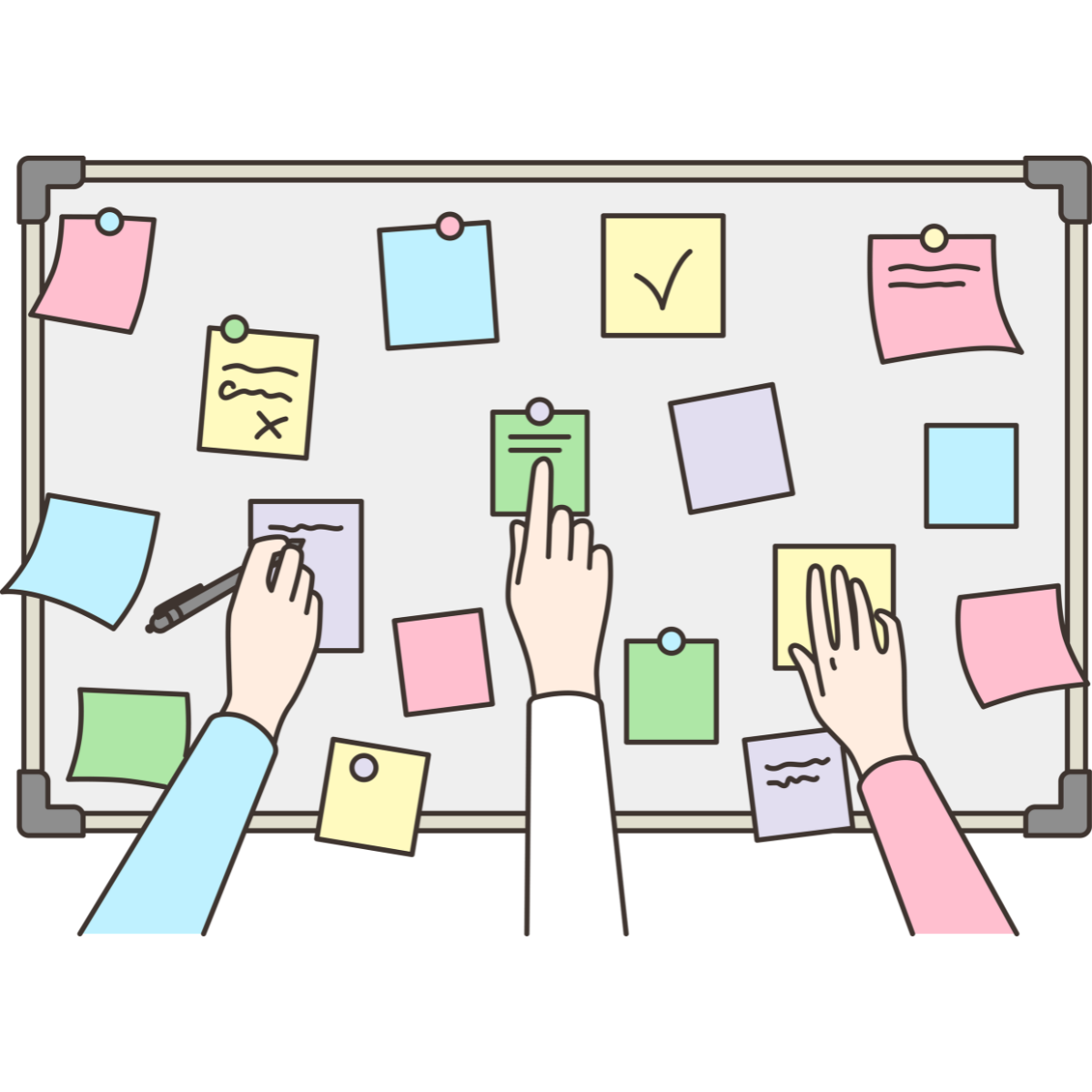 Illustration of three people collaborating at a board covered with colorful notes, with hands writing, reviewing and organizing ideas.