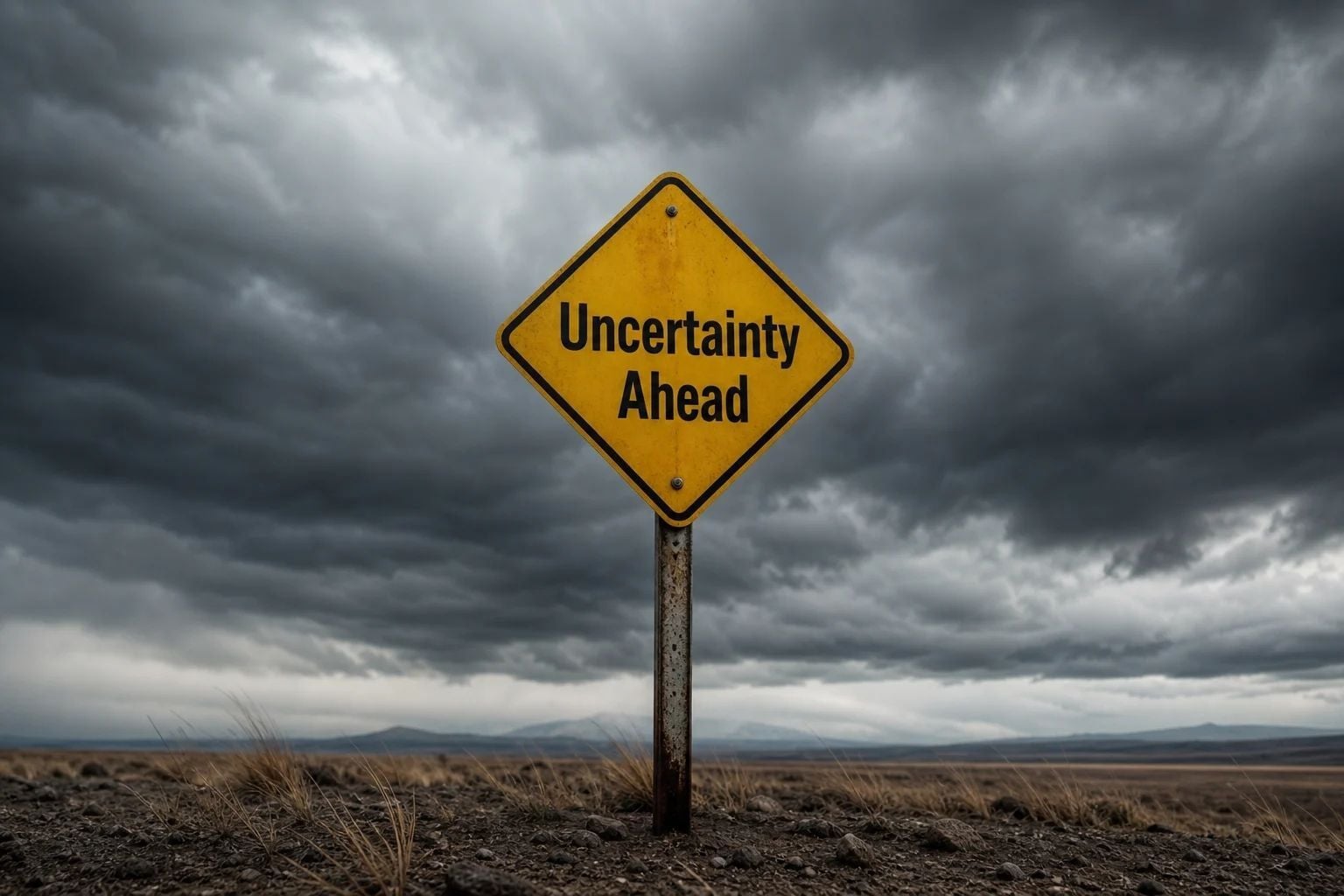 Yellow warning sign reading ‘Uncertainty Ahead’ stands in a barren, rocky landscape beneath dark storm clouds, symbolizing uncertainty and challenges ahead.